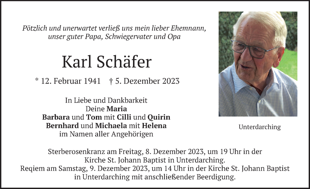  Traueranzeige für Karl Schäfer vom 07.12.2023 aus merkurtz