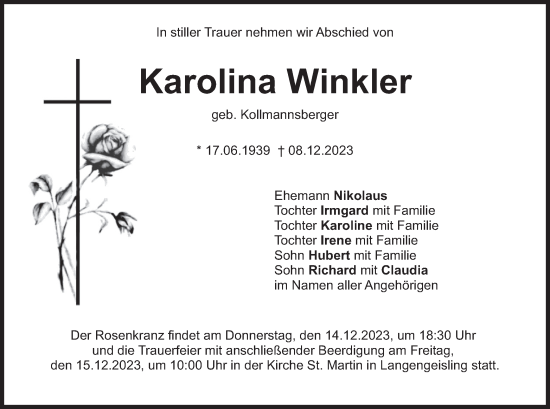Traueranzeige von Karolina Winkler von merkurtz