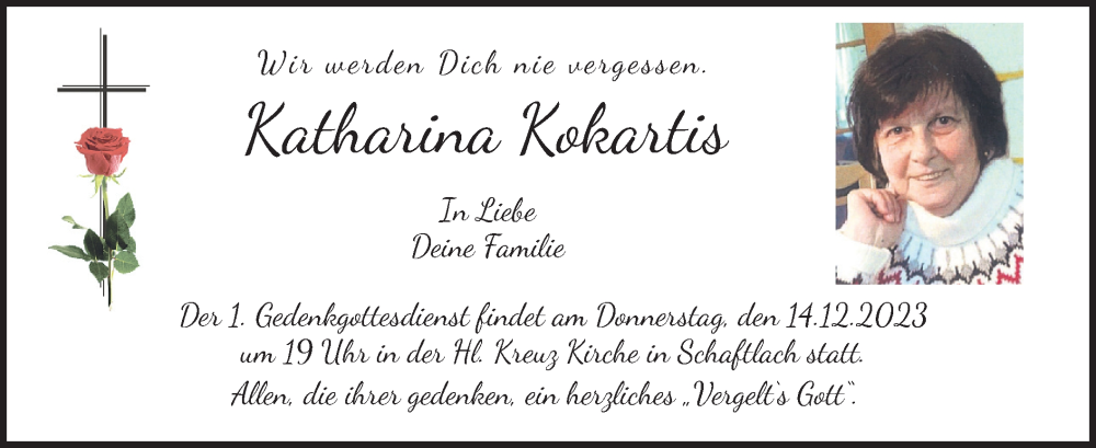  Traueranzeige für Katharina Kokartis vom 13.12.2023 aus merkurtz
