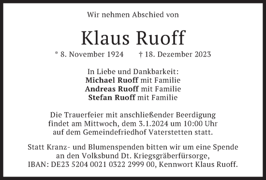 Traueranzeige von Klaus Ruoff von merkurtz