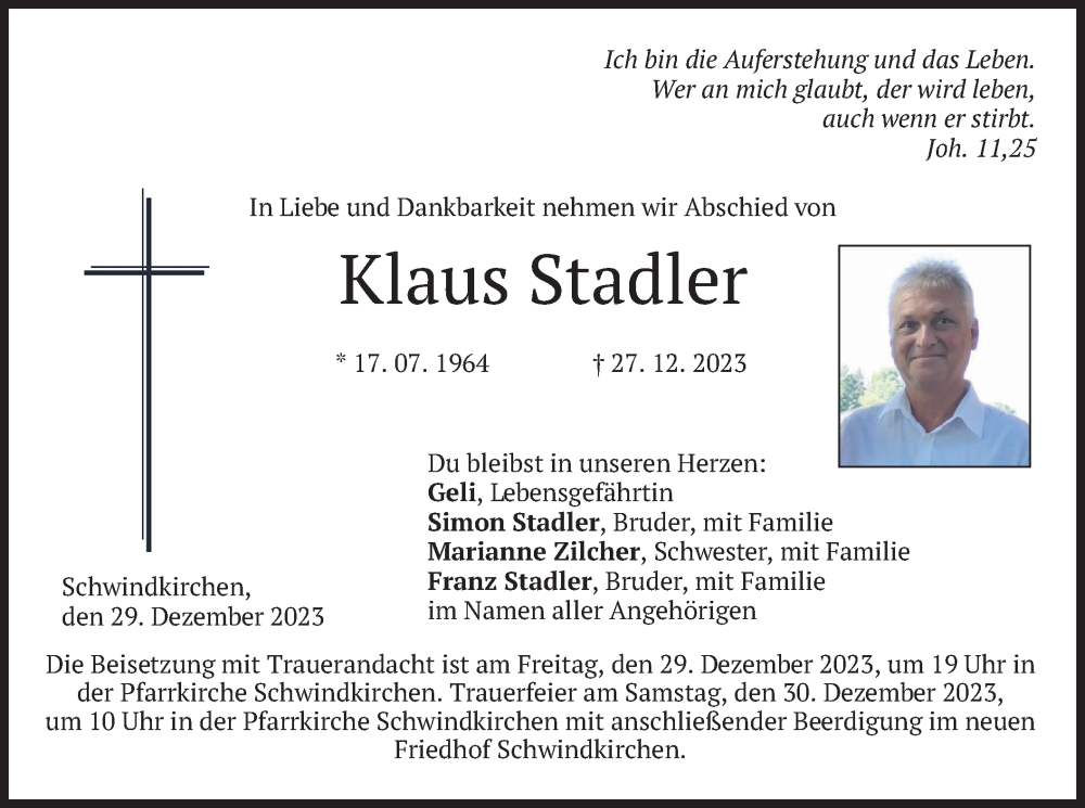  Traueranzeige für Klaus Stadler vom 29.12.2023 aus merkurtz