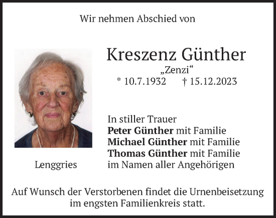 Traueranzeige von Kreszenz Günther von merkurtz