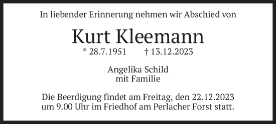 Traueranzeige von Kurt Kleemann von merkurtz