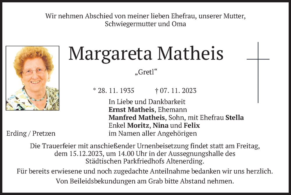 Traueranzeigen von Margareta Matheis | trauer.merkur.de