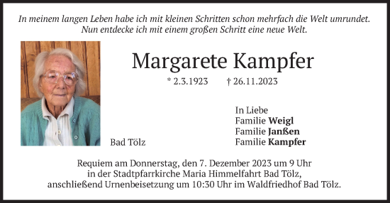 Traueranzeige von Margarete Kampfer von merkurtz