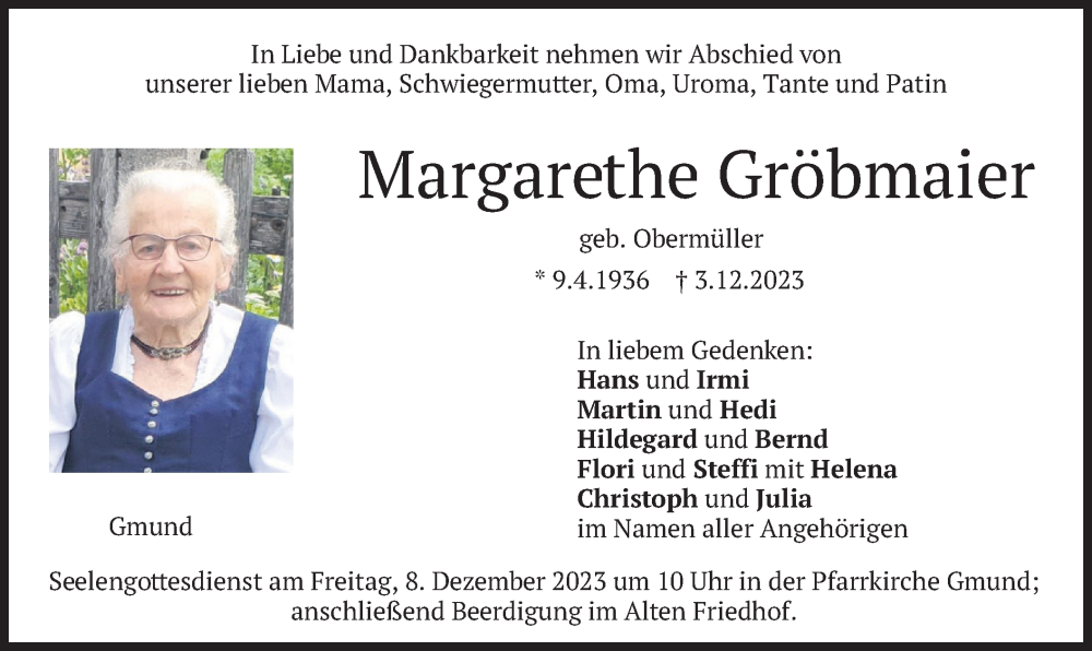  Traueranzeige für Margarethe Gröbmaier vom 06.12.2023 aus merkurtz