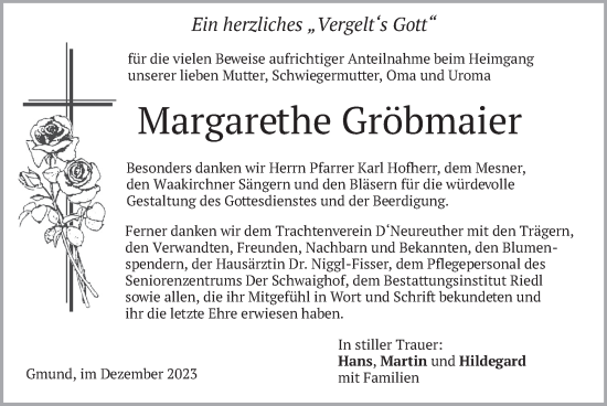 Traueranzeige von Margarethe Gröbmaier von merkurtz