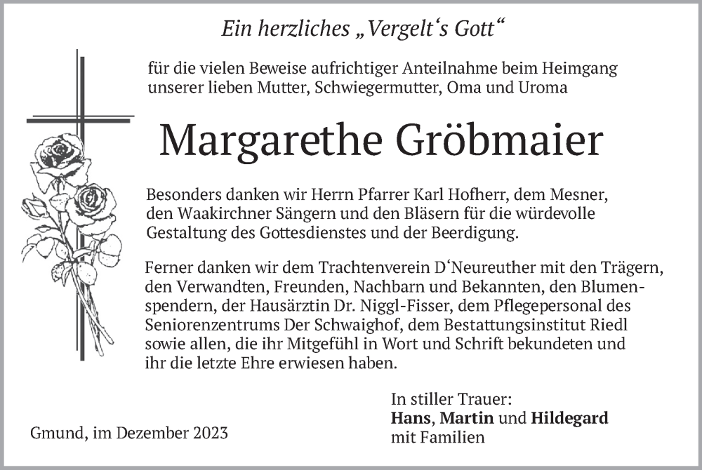  Traueranzeige für Margarethe Gröbmaier vom 16.12.2023 aus merkurtz