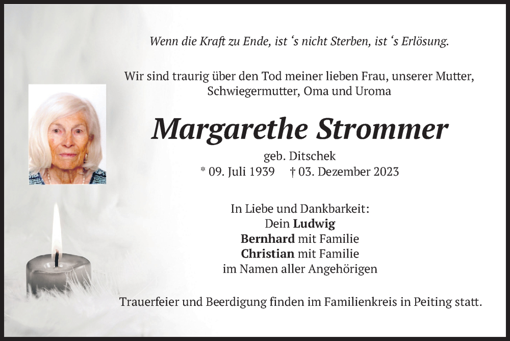  Traueranzeige für Margarethe Strommer vom 06.12.2023 aus merkurtz