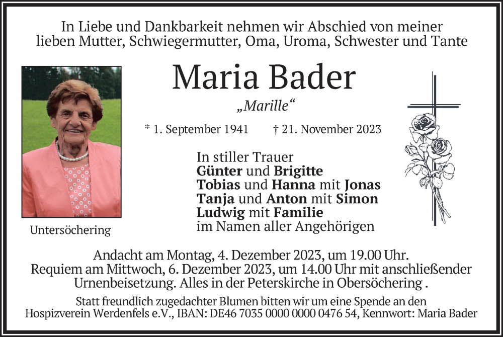  Traueranzeige für Maria Bader vom 01.12.2023 aus merkurtz