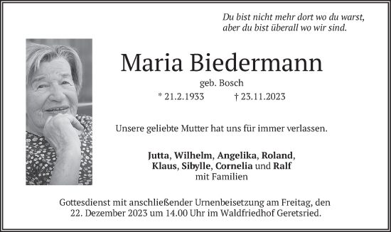 Traueranzeige von Maria Biedermann von merkurtz