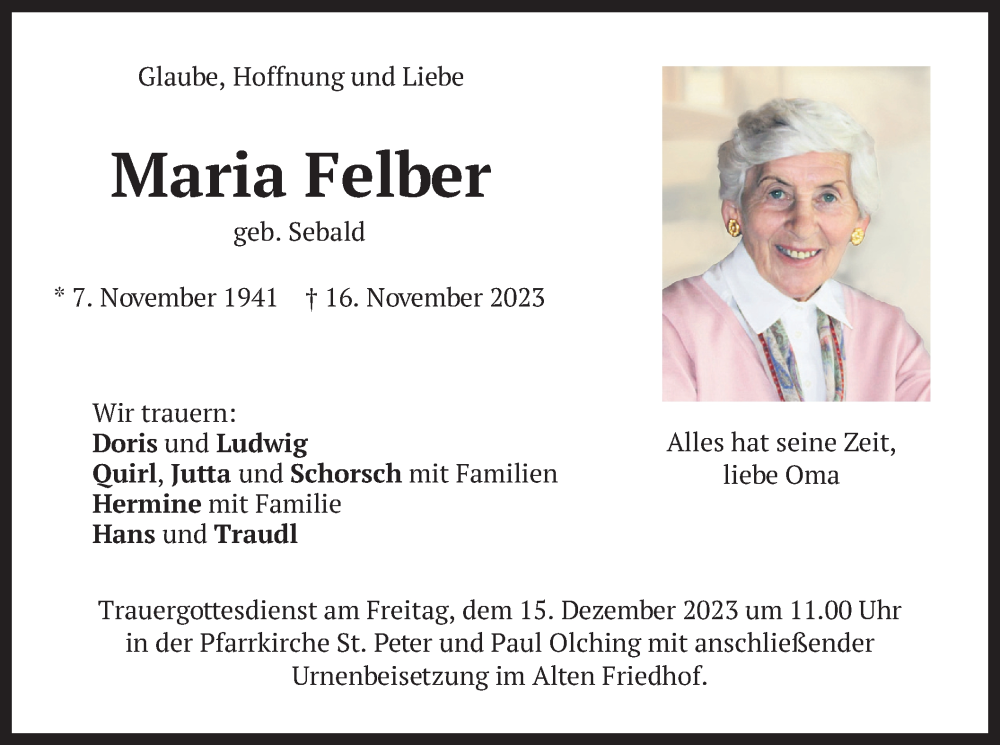  Traueranzeige für Maria Felber vom 02.12.2023 aus merkurtz
