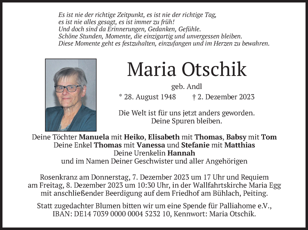  Traueranzeige für Maria Otschik vom 06.12.2023 aus merkurtz