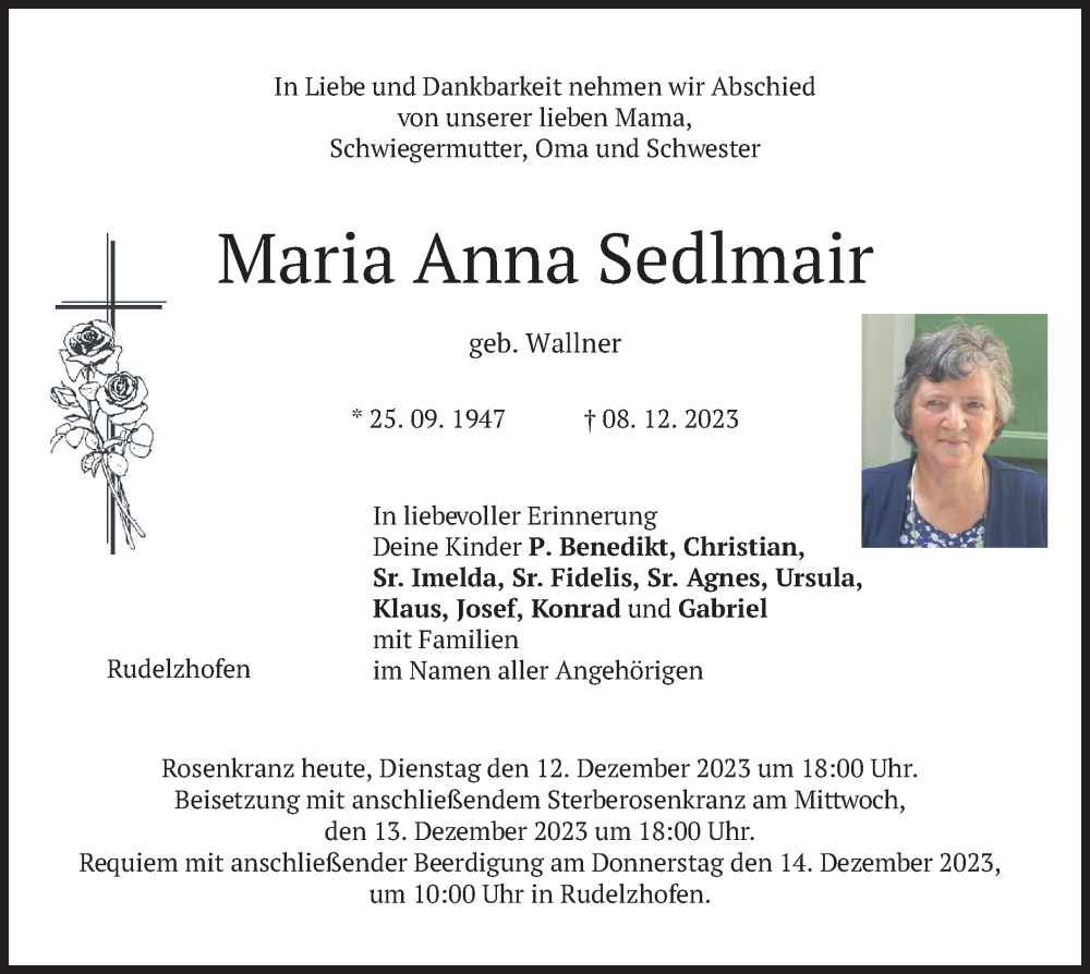  Traueranzeige für Maria Anna Sedlmair vom 12.12.2023 aus merkurtz