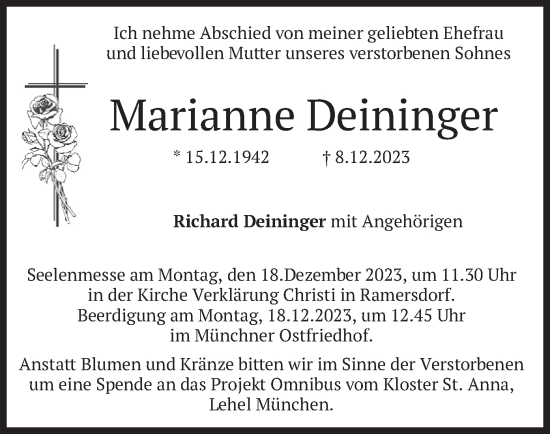Traueranzeige von Marianne Deininger von merkurtz