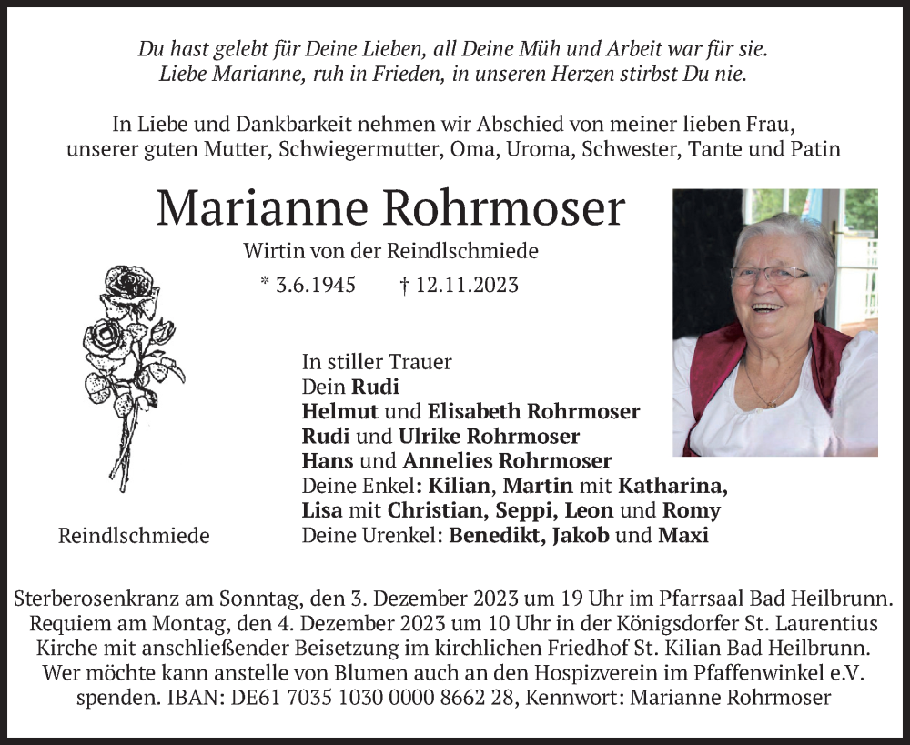  Traueranzeige für Marianne Rohrmoser vom 01.12.2023 aus merkurtz