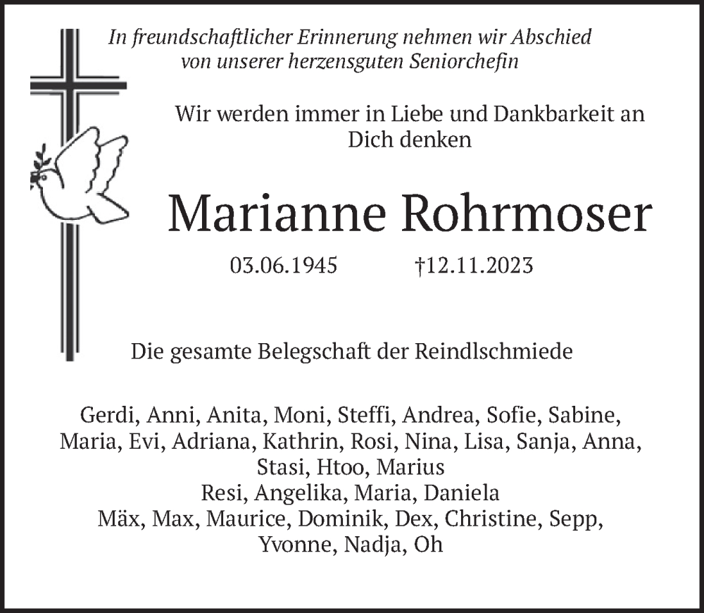  Traueranzeige für Marianne Rohrmoser vom 02.12.2023 aus merkurtz