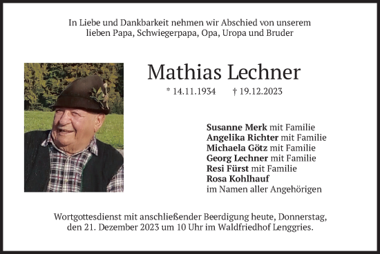 Traueranzeige von Mathias Lechner von merkurtz