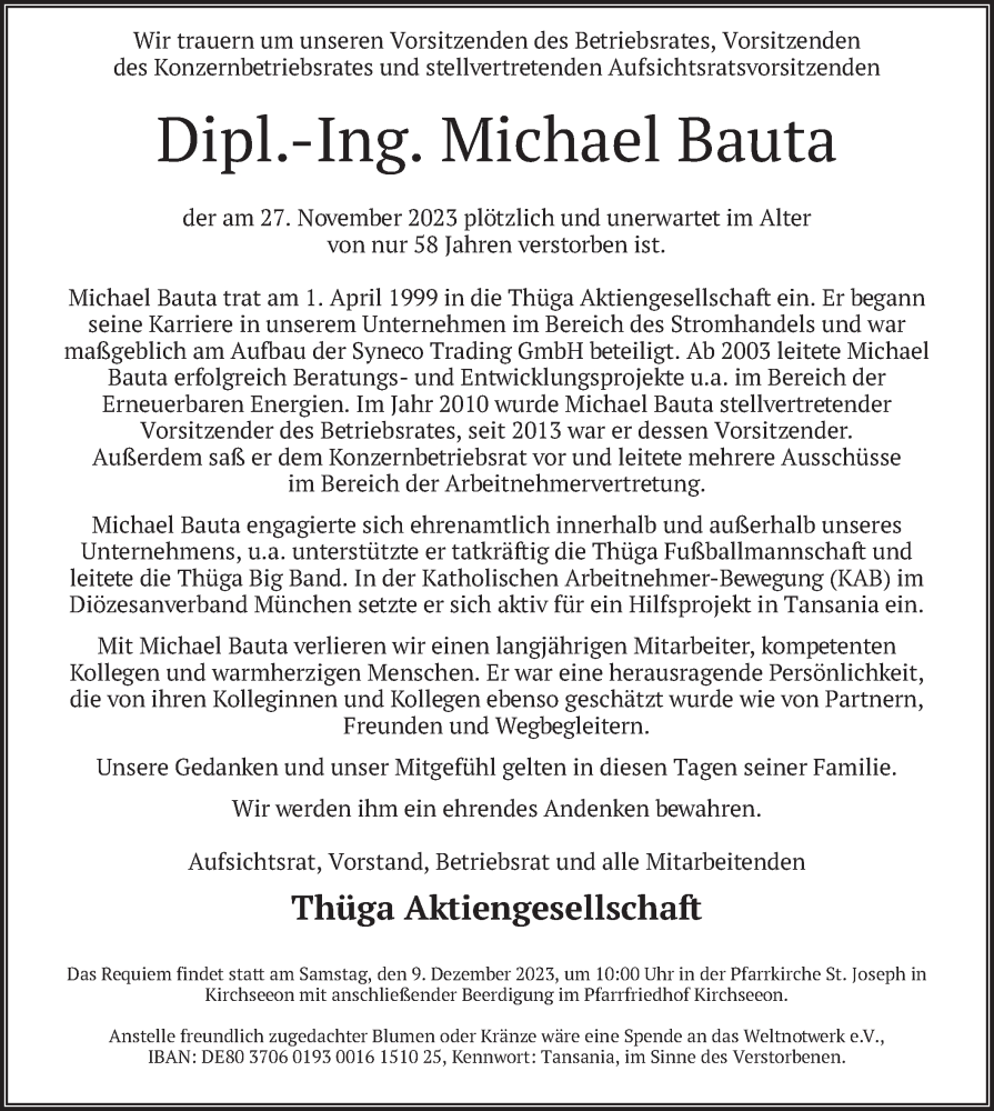  Traueranzeige für Michael Bauta vom 06.12.2023 aus merkurtz