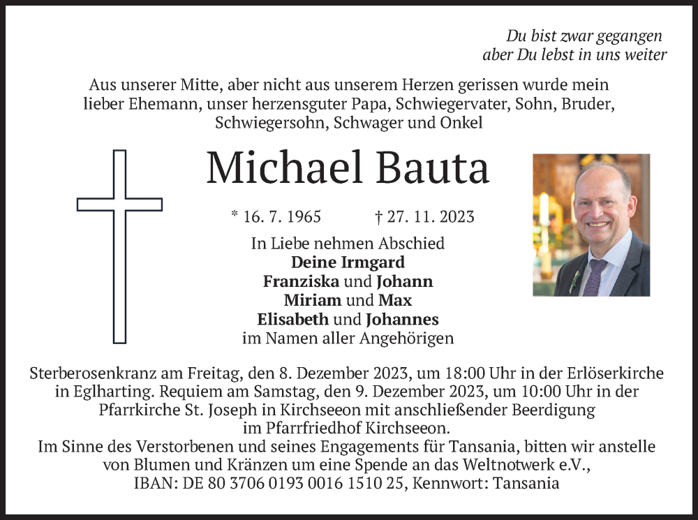  Traueranzeige für Michael Bauta vom 02.12.2023 aus merkurtz