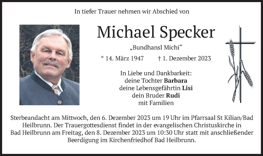  Traueranzeige für Michael Specker vom 06.12.2023 aus merkurtz