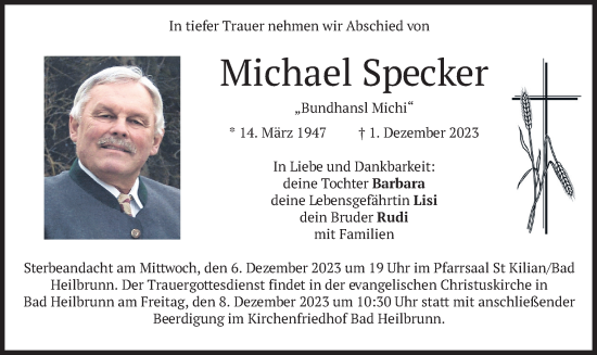 Traueranzeige von Michael Specker von merkurtz