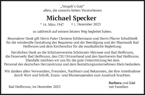 Traueranzeige von Michael Specker von merkurtz