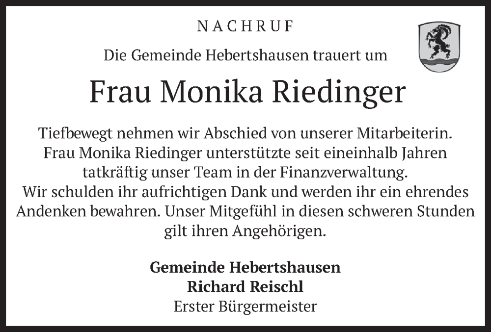  Traueranzeige für Monika Riedinger vom 09.12.2023 aus merkurtz