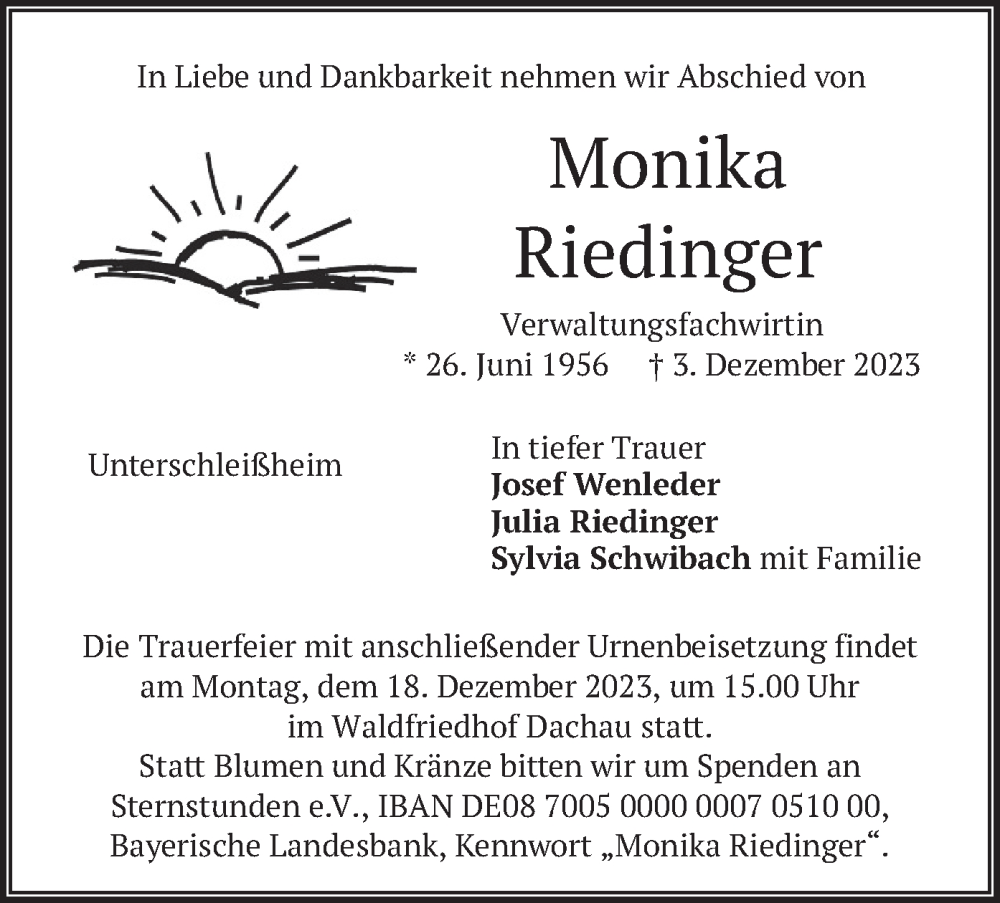  Traueranzeige für Monika Riedinger vom 16.12.2023 aus merkurtz