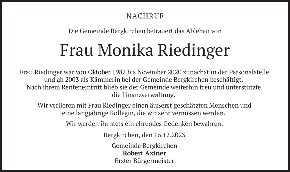  Traueranzeige für Monika Riedinger vom 16.12.2023 aus merkurtz