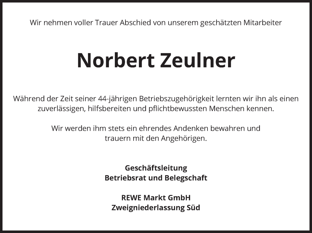  Traueranzeige für Norbert Zeulner vom 16.12.2023 aus merkurtz