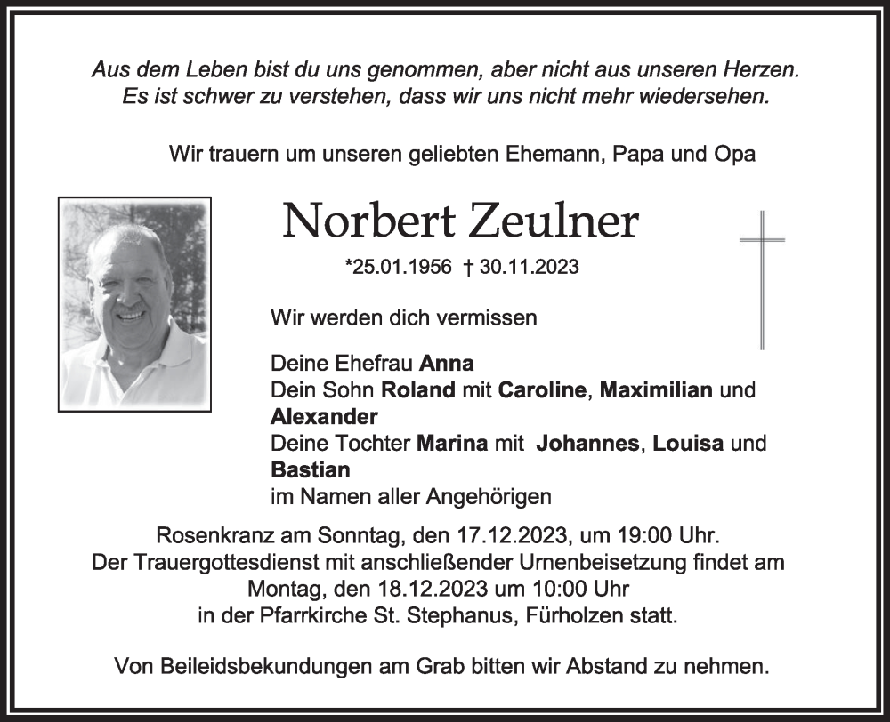  Traueranzeige für Norbert Zeulner vom 14.12.2023 aus merkurtz