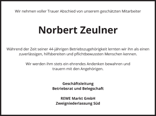 Traueranzeige von Norbert Zeulner von merkurtz