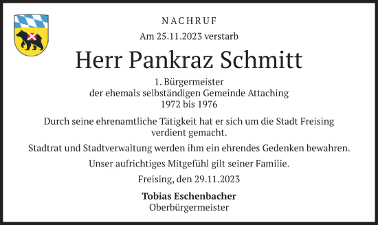 Traueranzeige von Pankraz Schmitt von merkurtz
