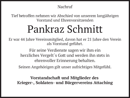 Traueranzeige von Pankraz Schmitt von merkurtz