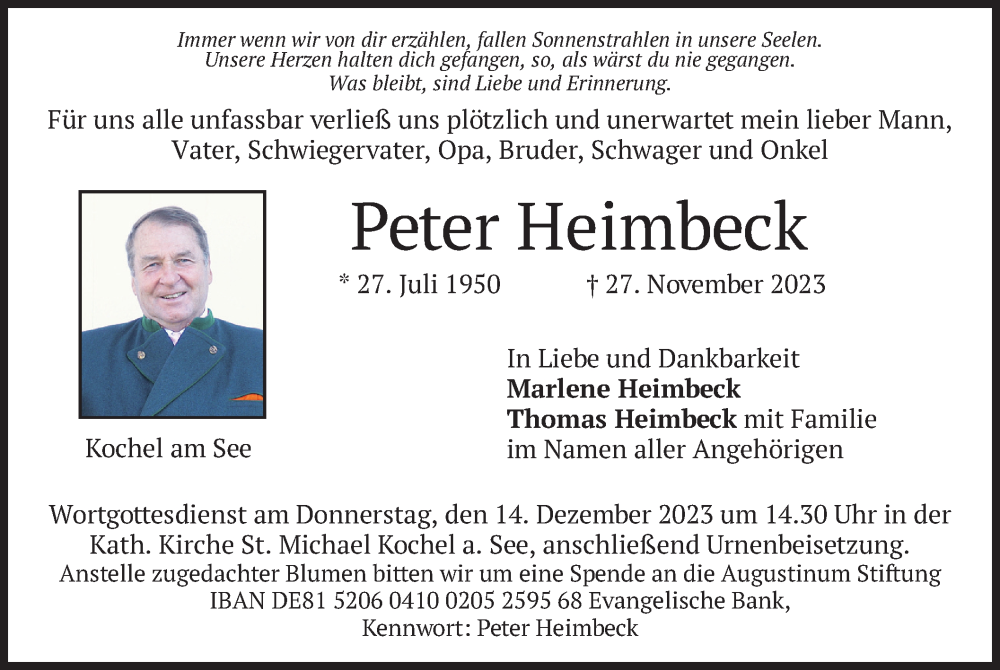  Traueranzeige für Peter Heimbeck vom 11.12.2023 aus merkurtz