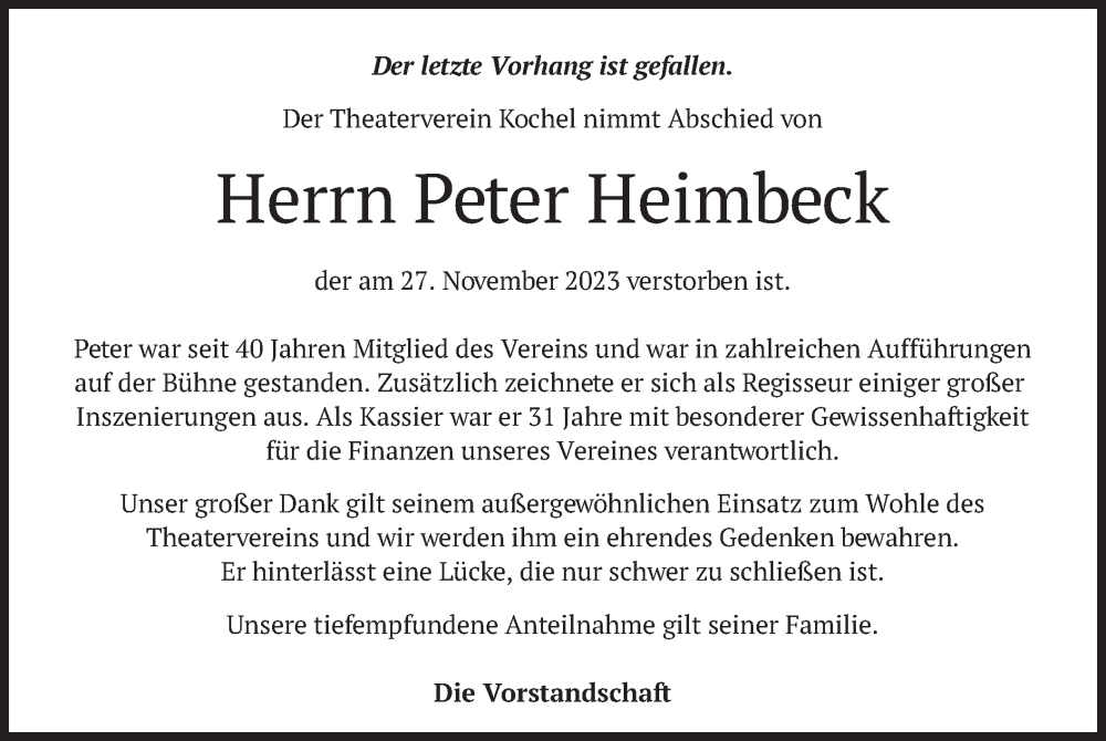  Traueranzeige für Peter Heimbeck vom 12.12.2023 aus merkurtz