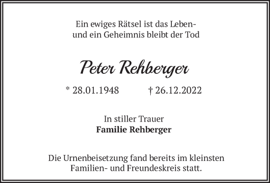 Traueranzeige von Peter Rehberger von merkurtz