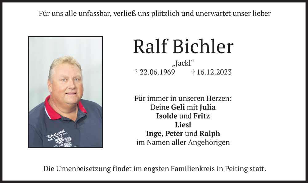  Traueranzeige für Ralf Bichler vom 23.12.2023 aus merkurtz