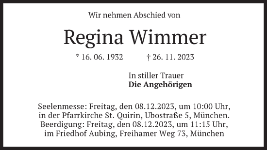 Traueranzeige von Regina Wimmer von merkurtz