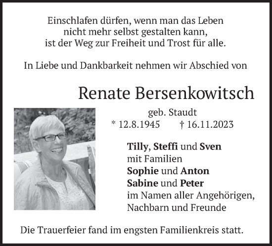 Traueranzeige von Renate Bersenkowitsch von merkurtz