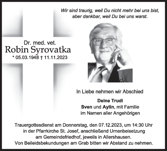 Traueranzeige von Robin Syrovatka von merkurtz