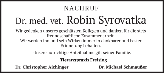 Traueranzeige von Robin Syrovatka von merkurtz