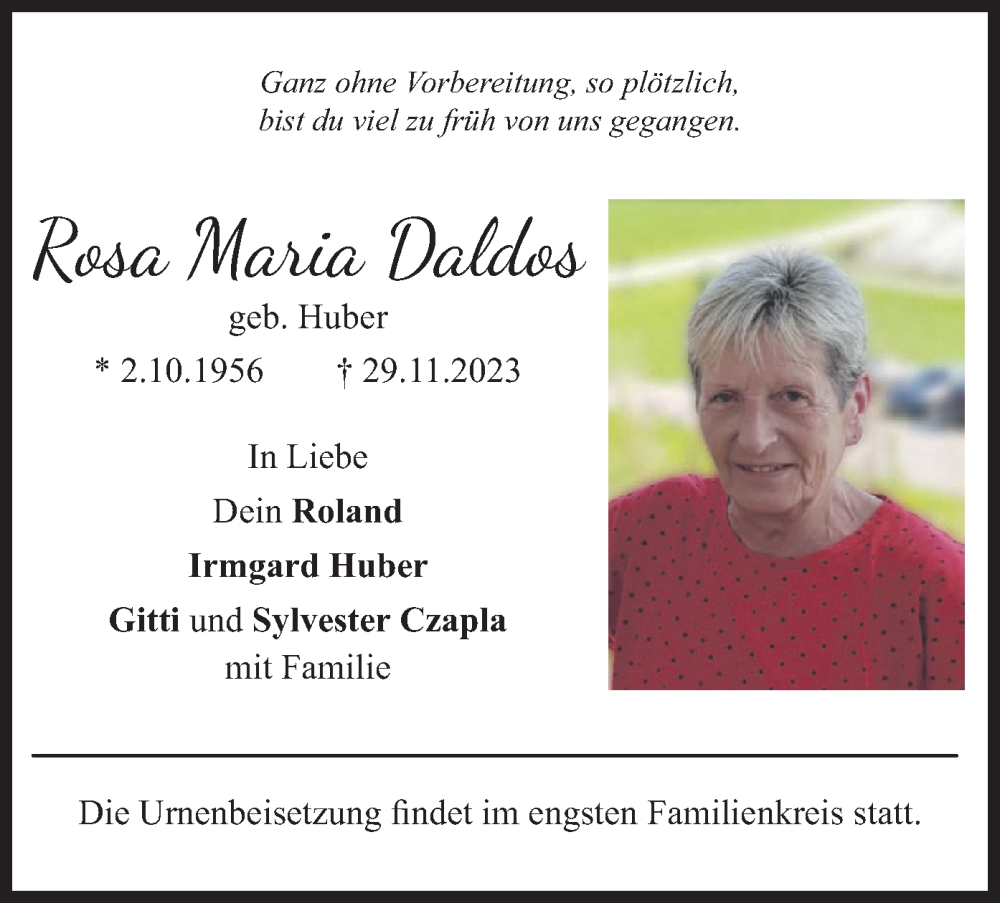  Traueranzeige für Rosa Maria Daldos vom 09.12.2023 aus merkurtz