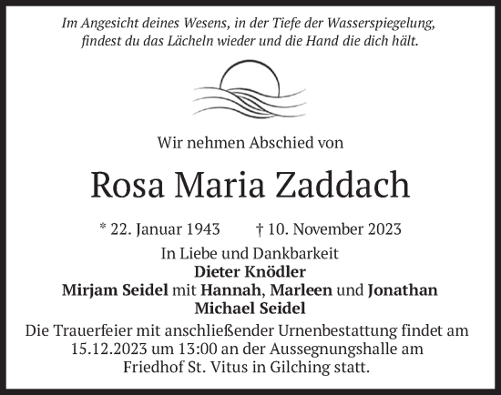 Traueranzeige von Rosa Maria Zaddach von merkurtz