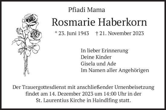 Traueranzeige von Rosmarie Haberkorn von merkurtz