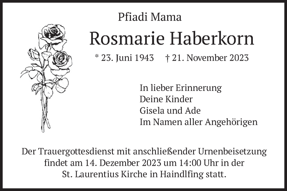  Traueranzeige für Rosmarie Haberkorn vom 09.12.2023 aus merkurtz