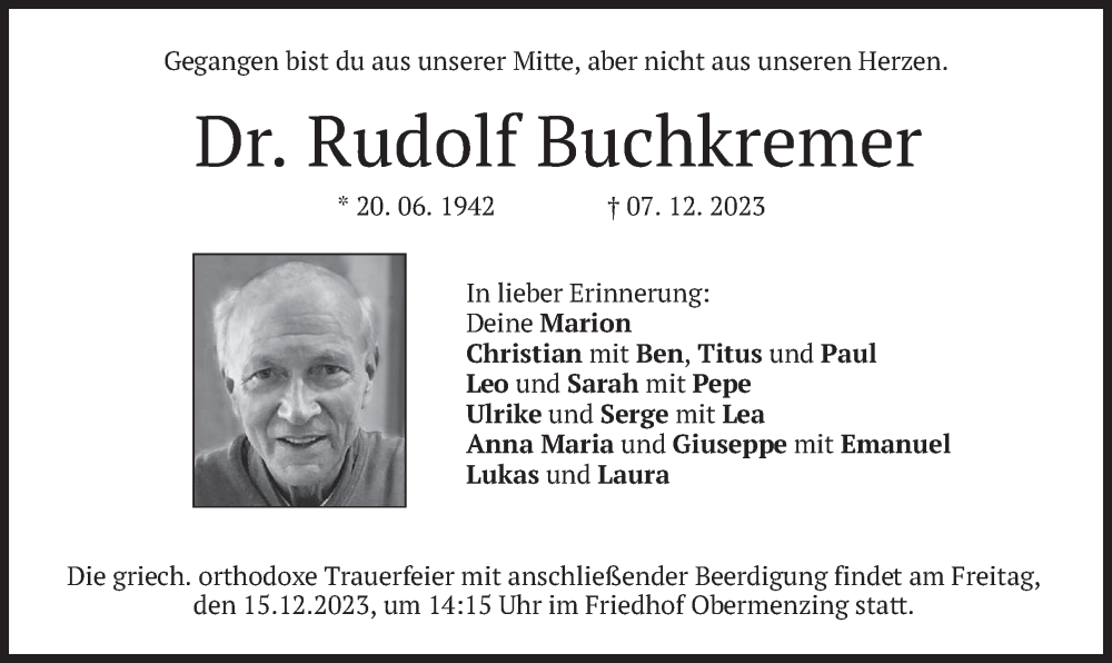  Traueranzeige für Rudolf Buchkremer vom 13.12.2023 aus merkurtz