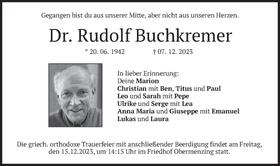 Traueranzeige von Rudolf Buchkremer von merkurtz