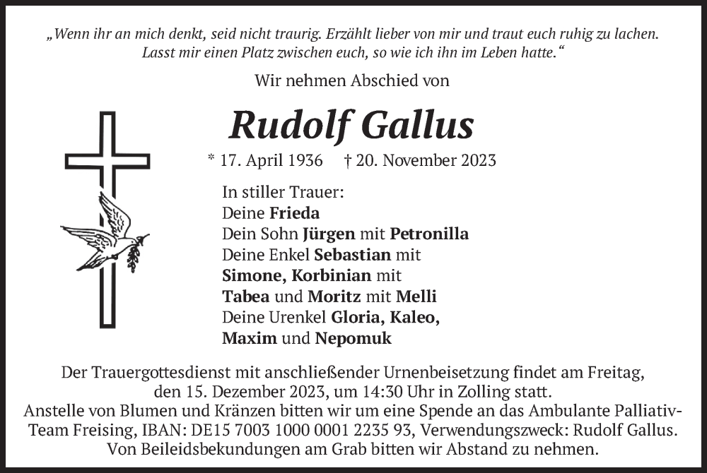 Traueranzeige für Rudolf Gallus vom 09.12.2023 aus merkurtz
